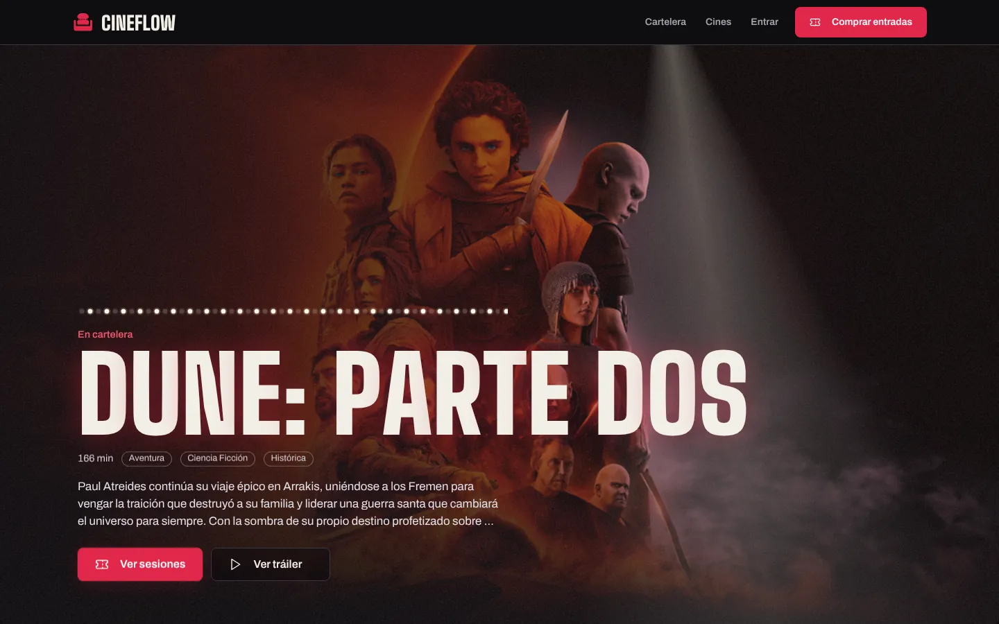 CineFlow home page with the featured film and a button to see showtimes
