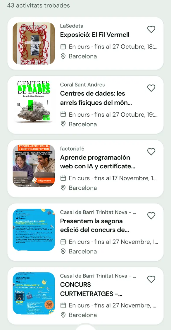 Lista de actividades en el móvil, en filas compactas con unas cinco por pantalla