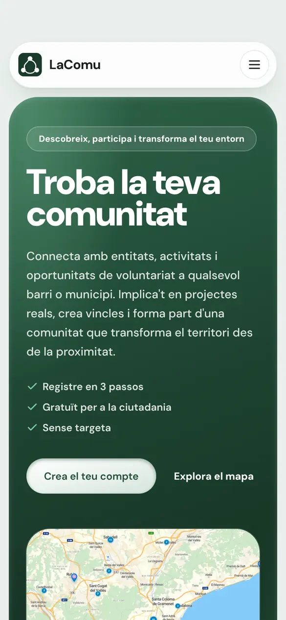 Portada de LaComu en el móvil: cabecera compacta, hero verde con el titular y los botones