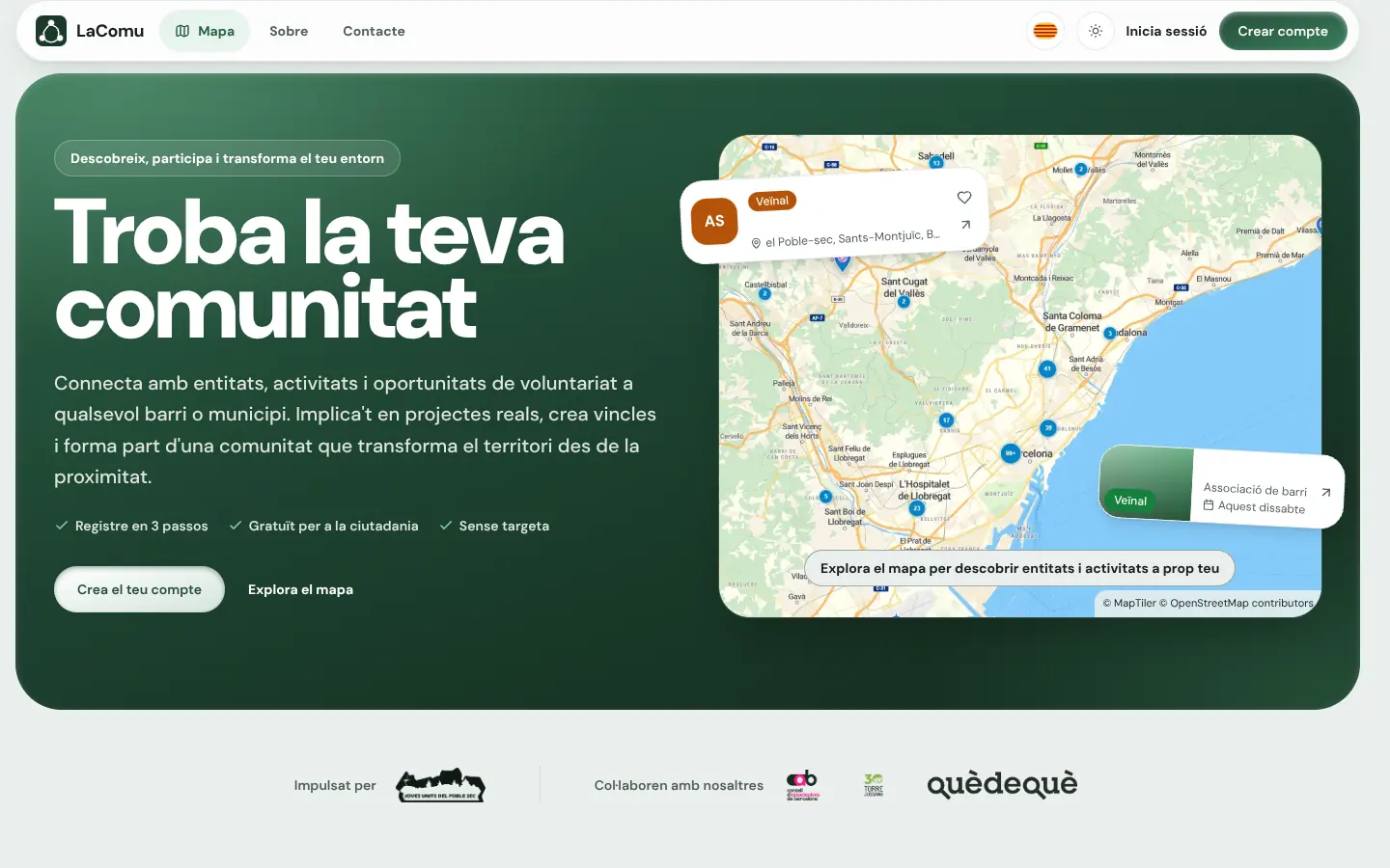 Portada de LaComu con la cabecera flotante y el hero verde con el mapa del barrio