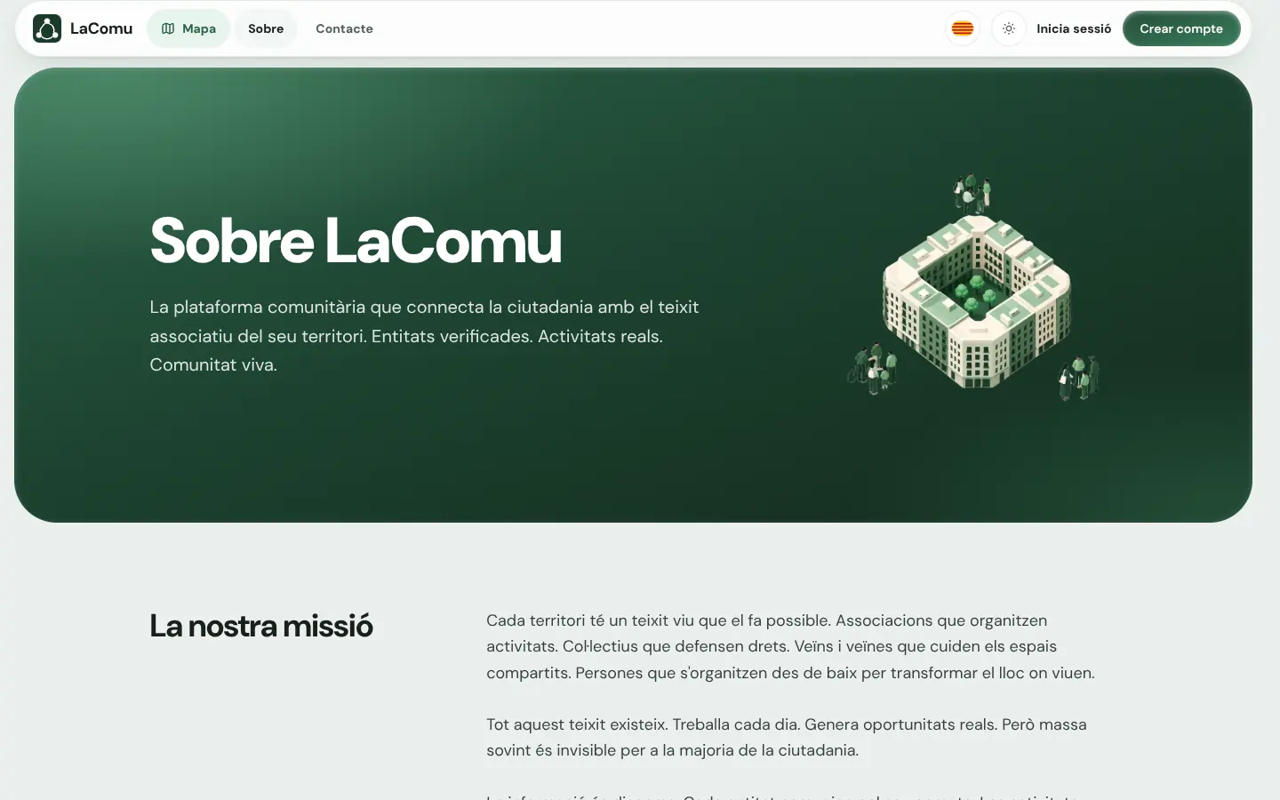 Página Sobre de LaComu con su propia cabecera flotante y el hero verde con la ilustración del barrio