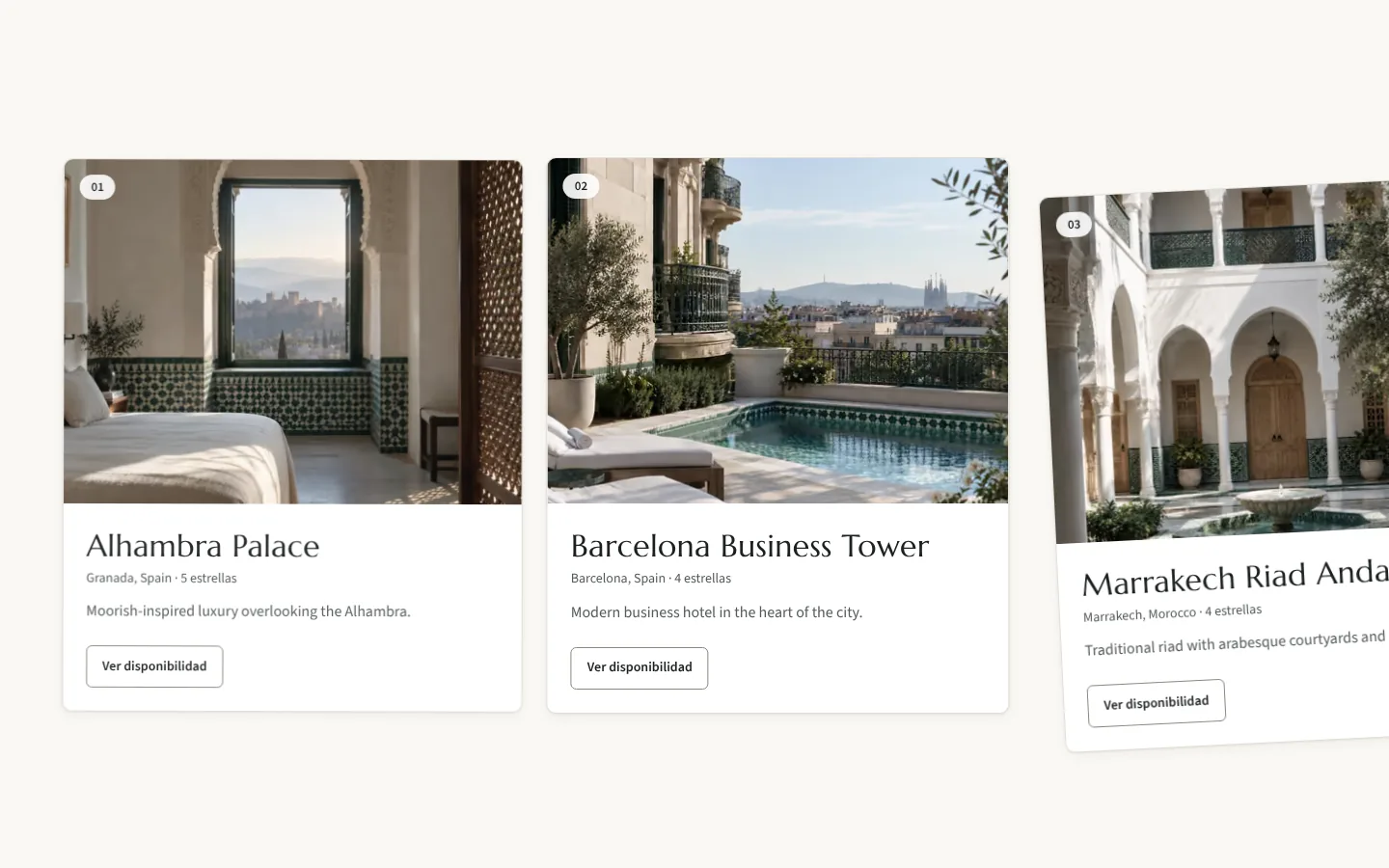 The three hotels as cards that enter on scroll