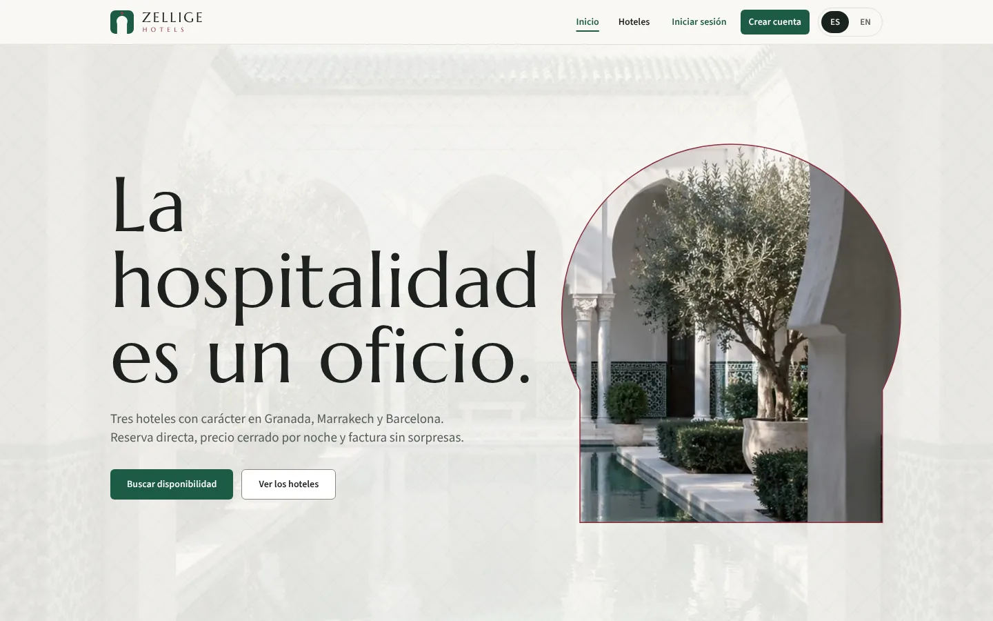 Zellige Hotels home page with the headline and an arched photo of a courtyard